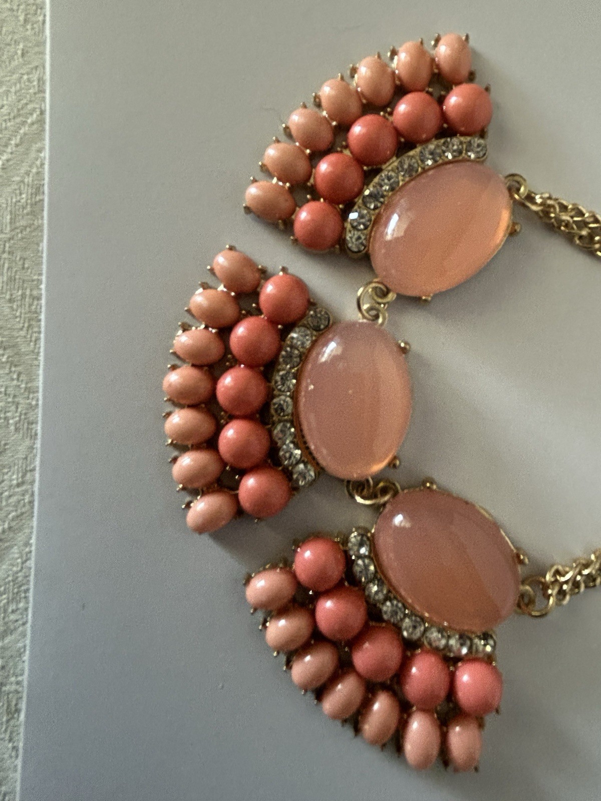 Blush Pink Coral Statement Bib Necklace Gold Tone Rhinestone Cabochon Boho