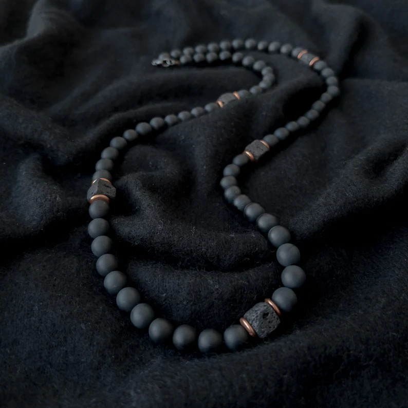 Genuine Matte Black Onyx Necklace Men Healing Protection Cube Lava Reiki Jewelry