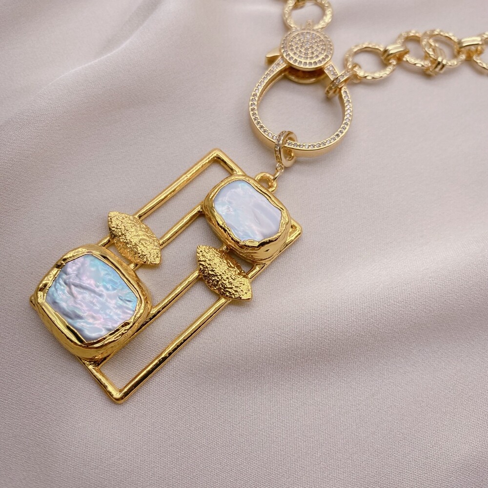 Cultured White Pearl Rectangle Pendant Gold Plated Chain Necklace Jewelry