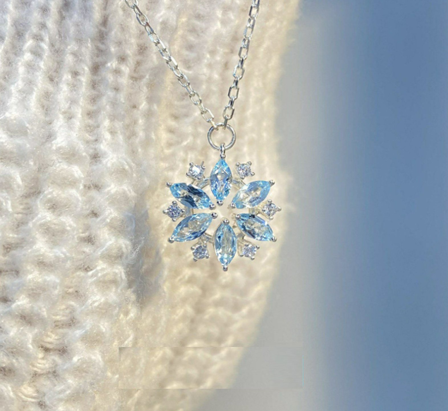 Snowflake Silver Pave Blue Cubic Zirconia Pendant Chain Necklace