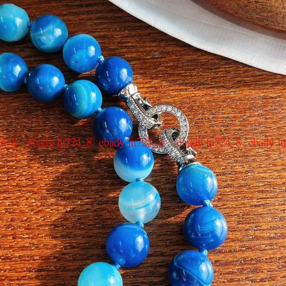 Exquisite Blue Strip Agate 6/8/10/12mm Round Gemstone Necklace Silver Clasp 18″