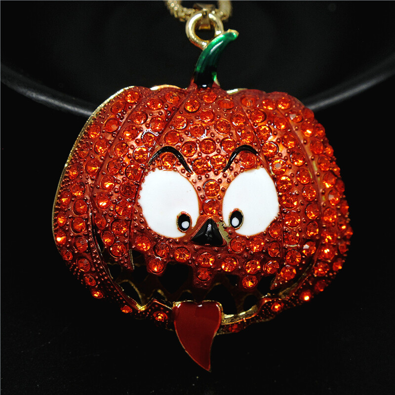 Fashion Women Orange Rhinestone Halloween Pumpkin Pendant Chain Necklace Gifts