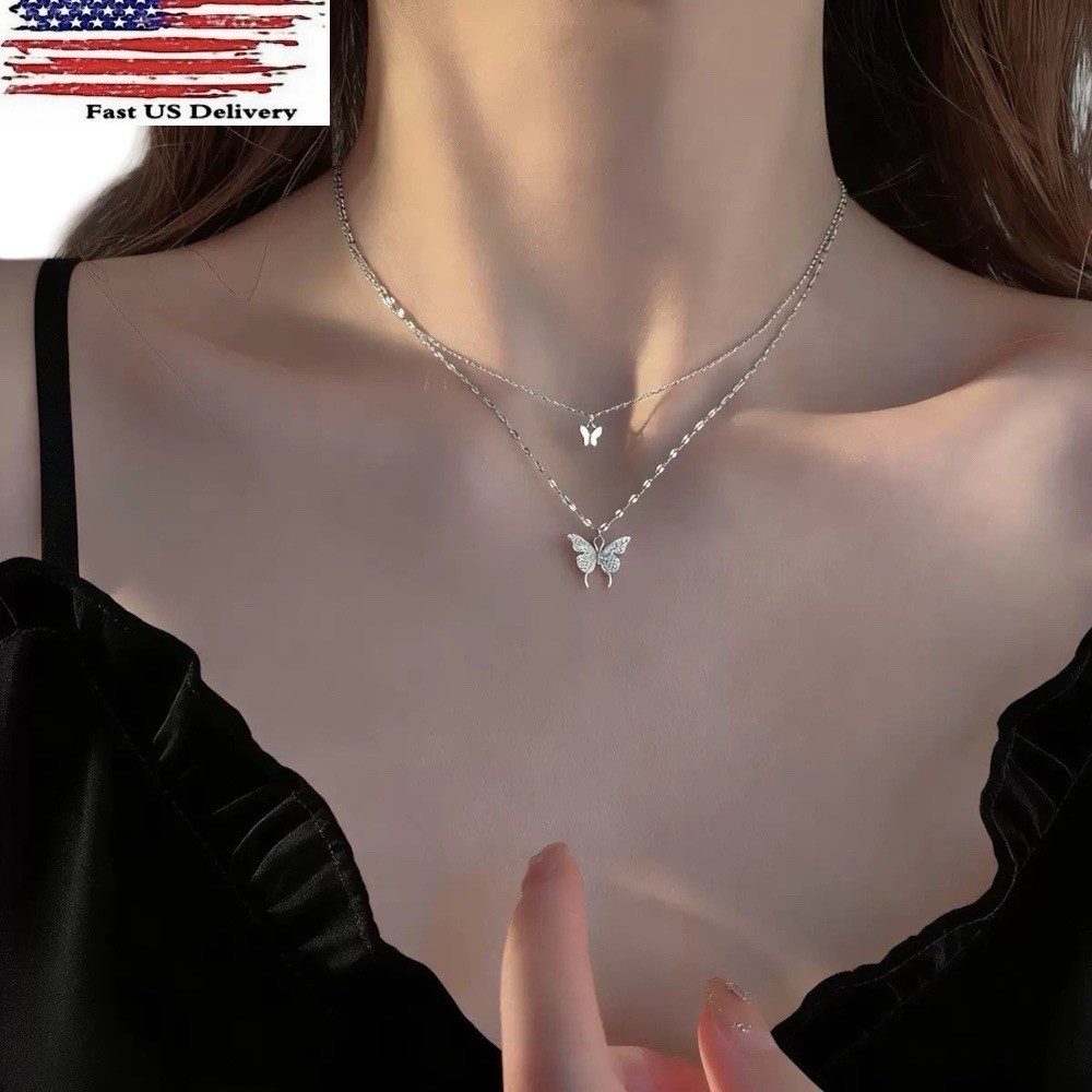925 Silver Plated Double Butterfly Zircon Necklace Clavicle Jewelry A87