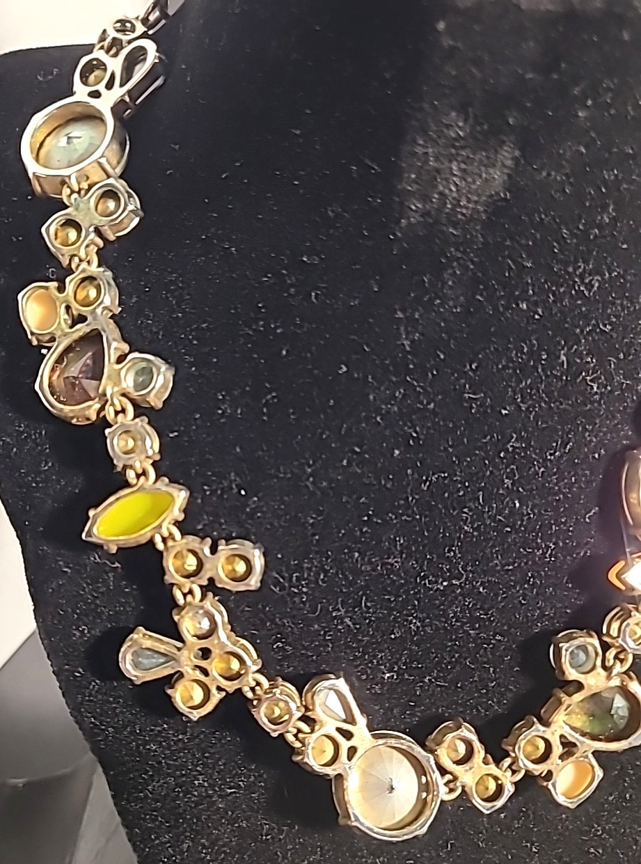 J Crew Melange Statement Necklace Multicolor Crystal Rhinestone Silver Tone 18″
