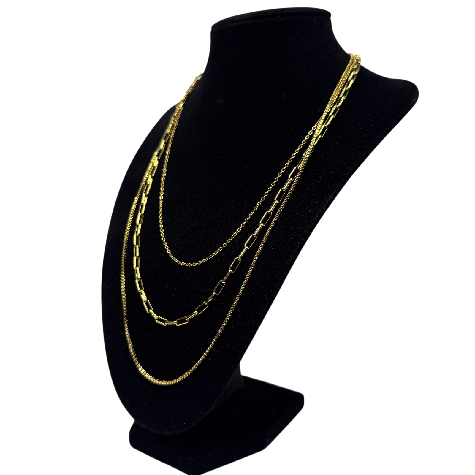 S. Steel Gold Tone Layered Necklace Stainless Steel Paperclip Box Chain Jewelry