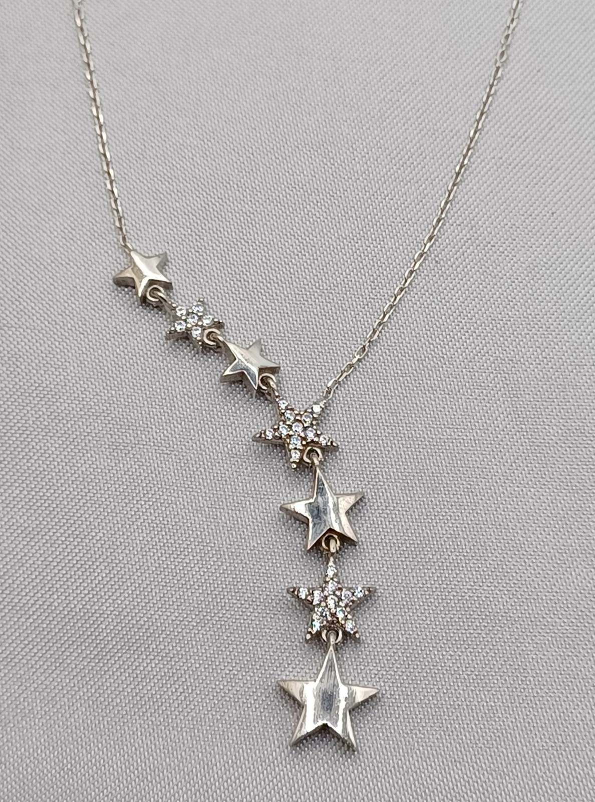Sterling Silver Star Y-Drop Necklace Trail of 7 Stars 925 & Cubic Zirconia 18″