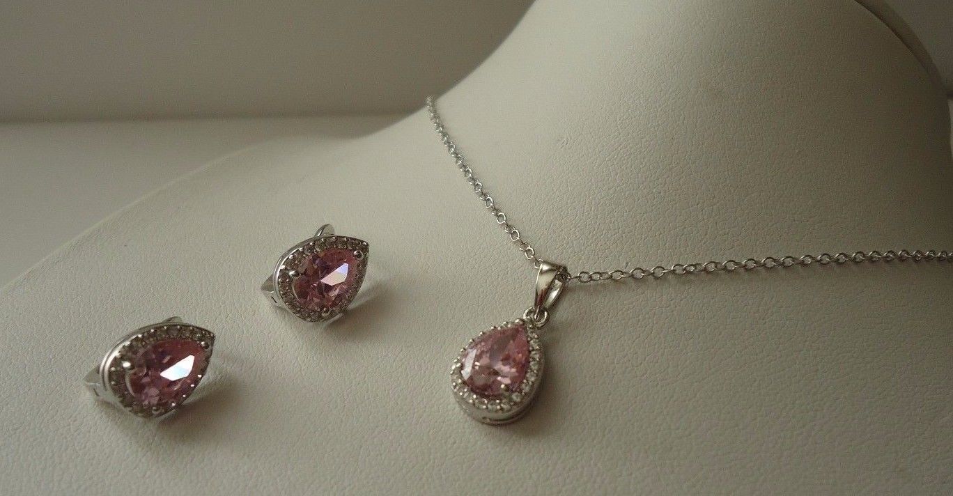 7.20 CT PINK / WHITE LAB SIMULANT DIAMOND PENDANT & EARRING SET STERLING SILVER