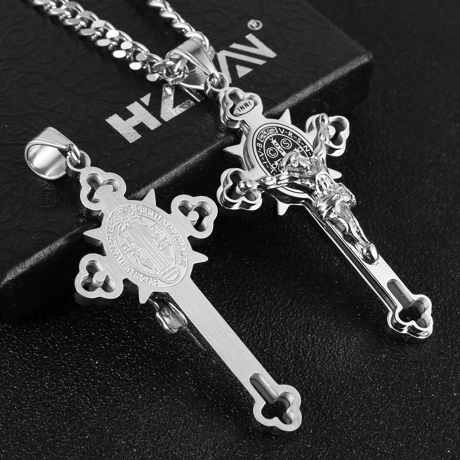 Stainless Steel St. Benedict Crucifix Cross Necklace for Men | INRI,Large,Hyp…