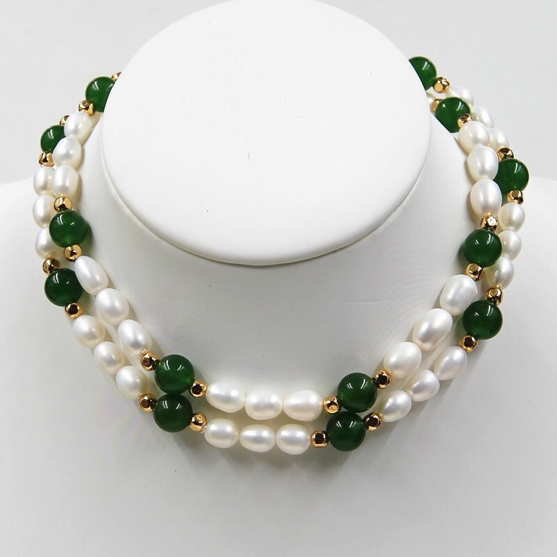 Freshwater 6-7mm Rice Pearl /8mm Green Jade Necklace 30inch