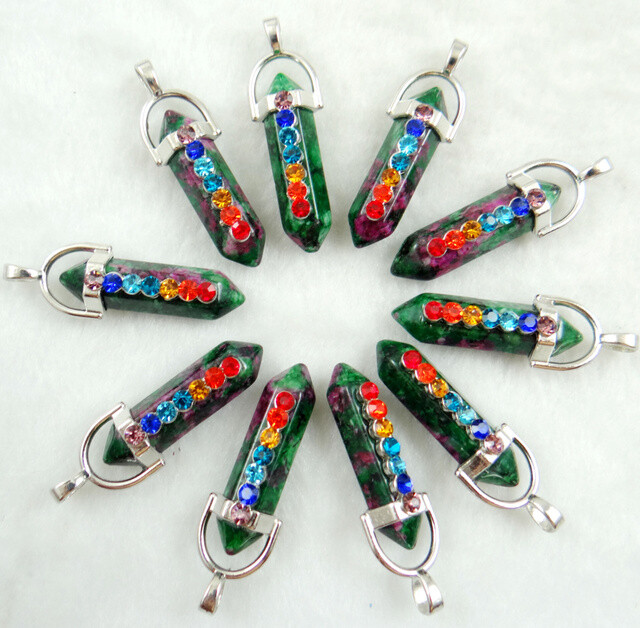 30pcs Natural Ruby In Fuchsite Hexagonal Pointed 7 Color Reiki Chakra Pendant