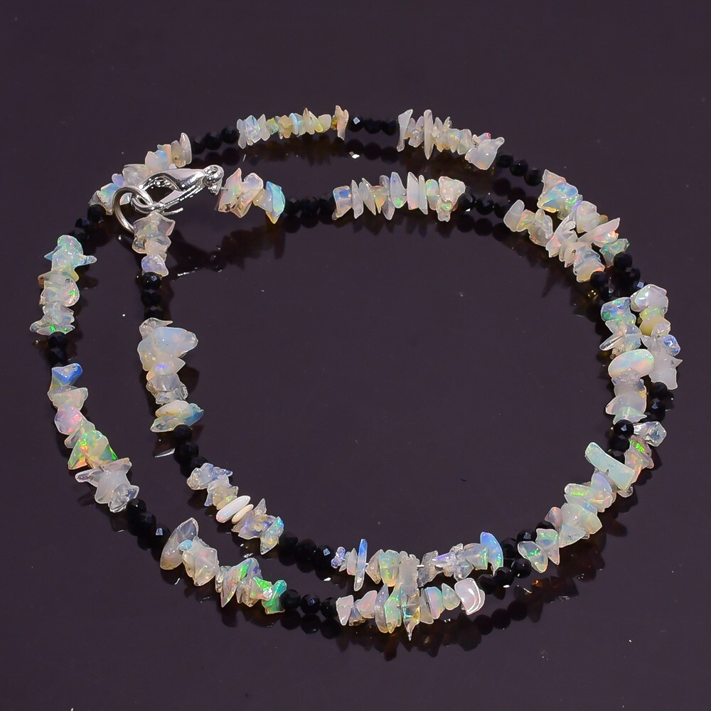 26 Ct. Natural Ethiopian Opal Black Spinel Smooth Beads Necklace 16″ A-2120