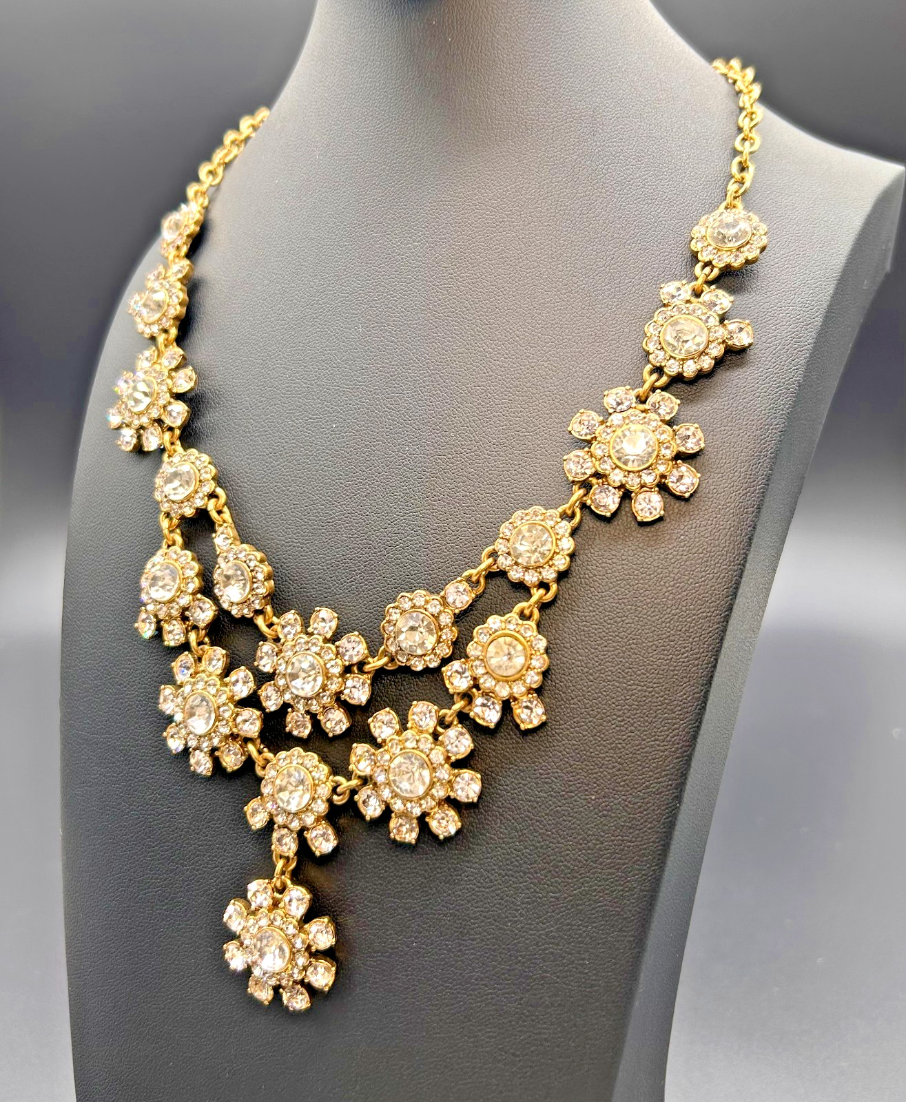 J Crew Crystal Flower Statement Necklace Gold Tone Rhinestone Floral Bib Signed