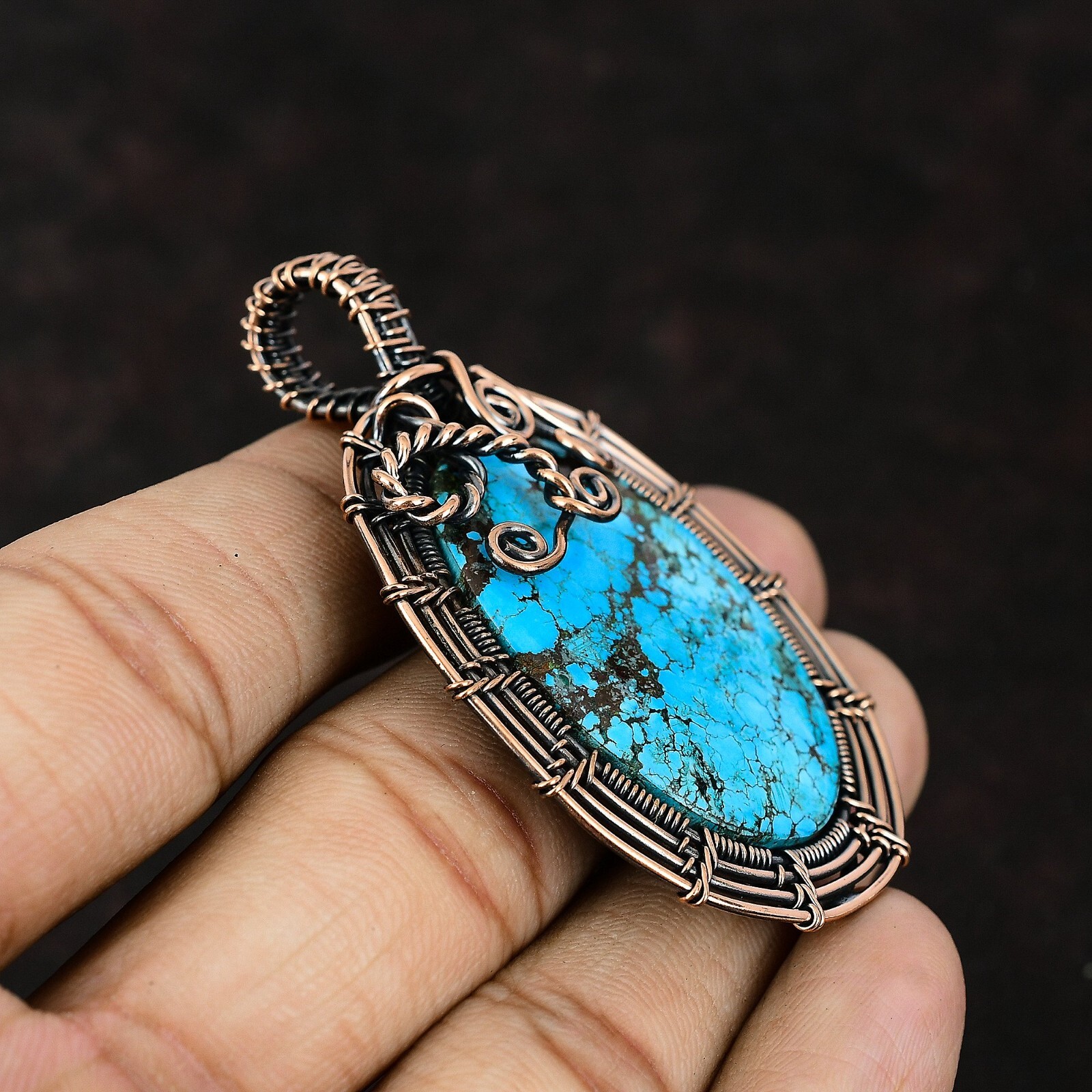 Tibetan Turquoise Gemstone Jewelry Copper Love Gift Wire Wrapped Pendant 2.44″