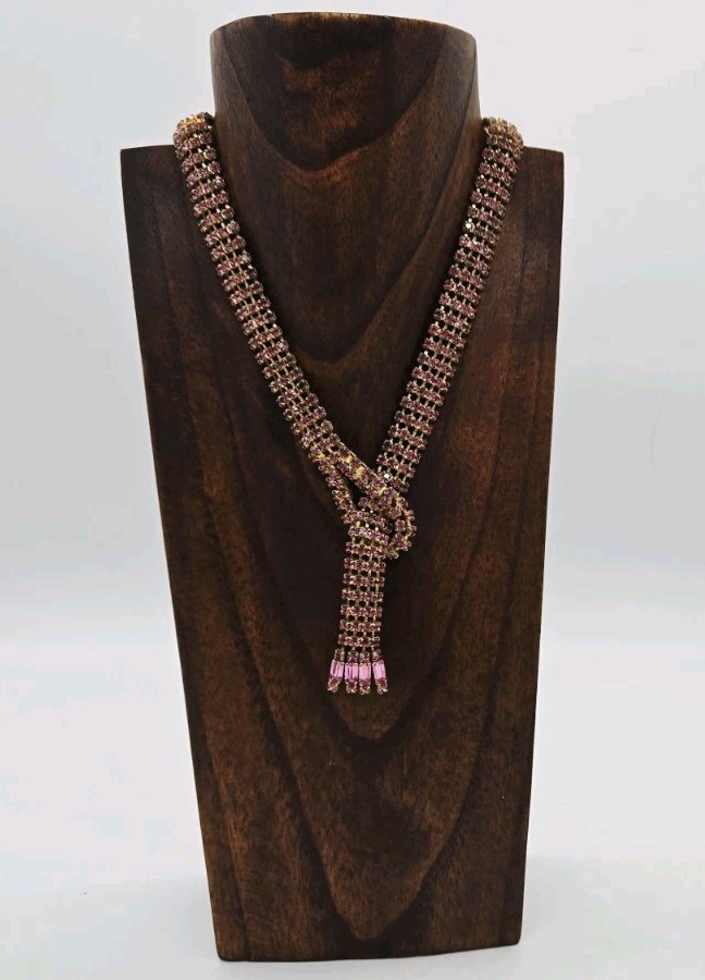 Pink Crystal Knot Lariat Necklace Y drop Gold tone Art Deco Vintage Rare
