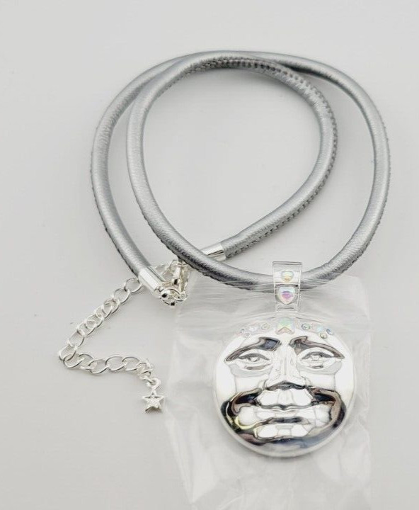 Kirks Folly Moon Fold Over Pendant Necklace Silvertone Silver Leather Cord #16