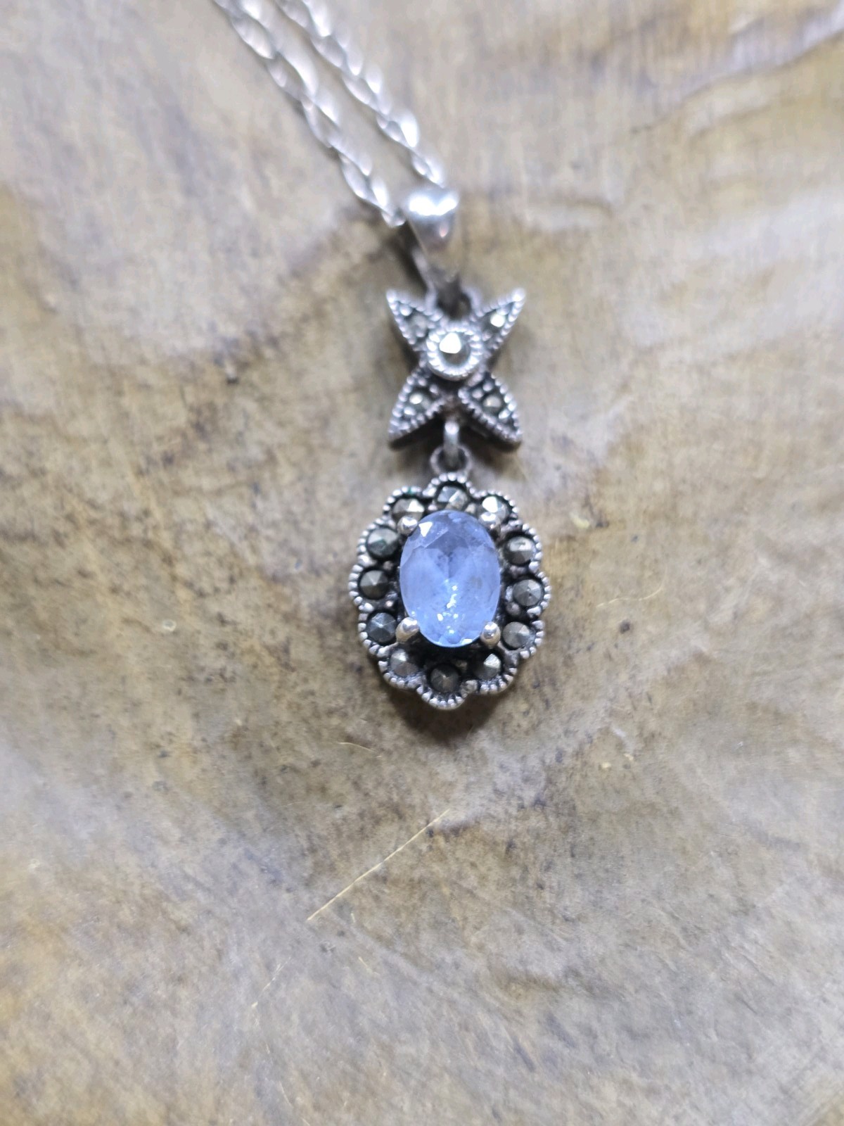 Sterling Silver Pendant Necklace Blue Stone & Marcasite Cluster