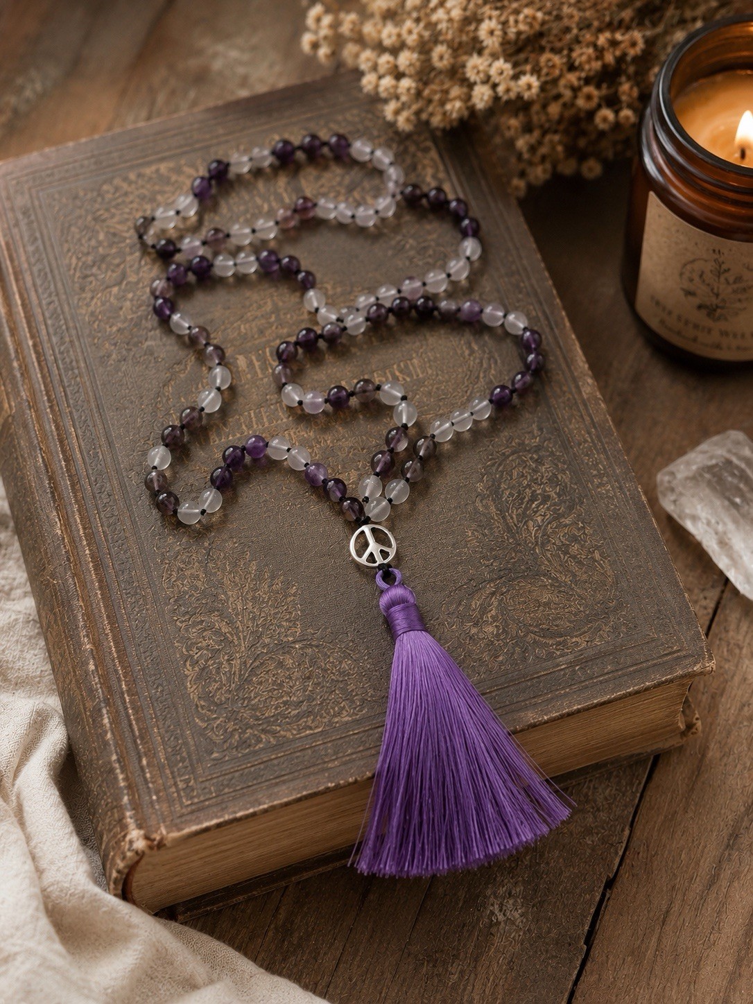Amethyst & Clear Fluorite Mala Necklace | Spiritual Yoga Jewelry