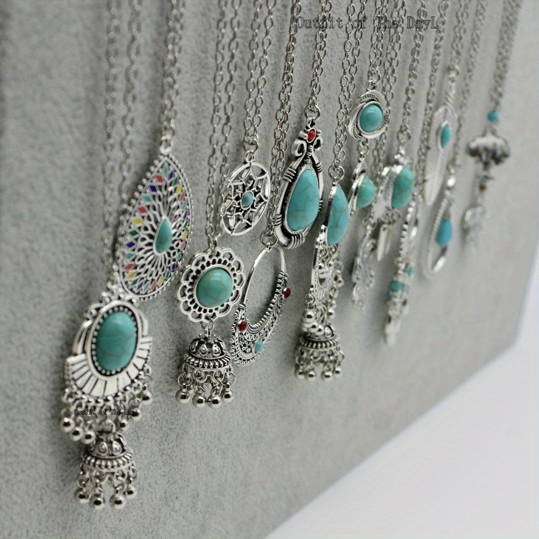 15Pcs Bohemian Vintage Fashion Jewelry Set Ethnic Turquoise Pendant Necklaces