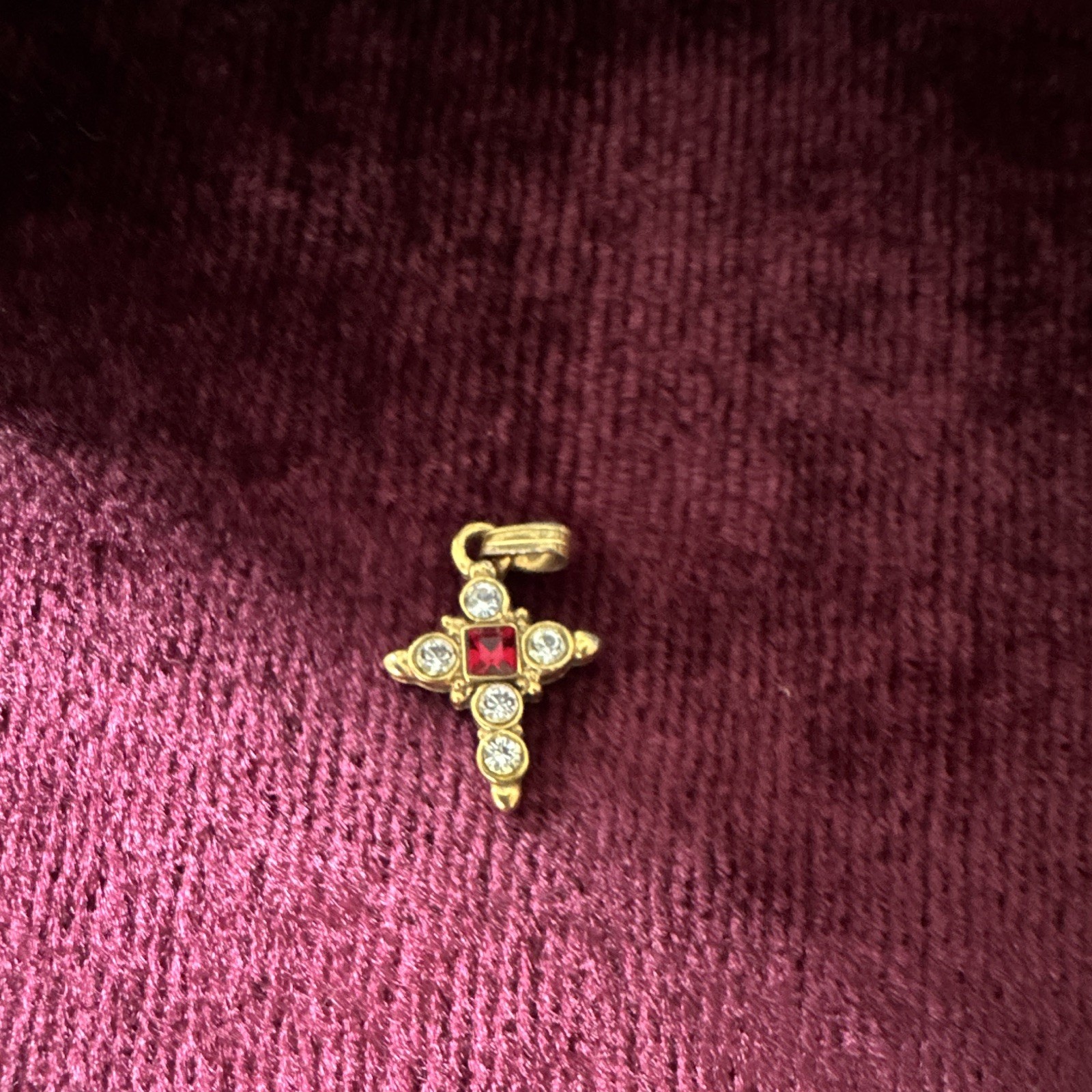 Vatican Library Signed Gold Tone Cross Charm Pendant Red Square Stone Clear