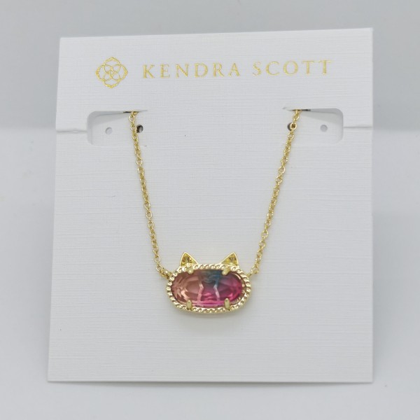 New Kendra Scott Elisa Gold Cat Kitty Pendant Necklace in Watercolor