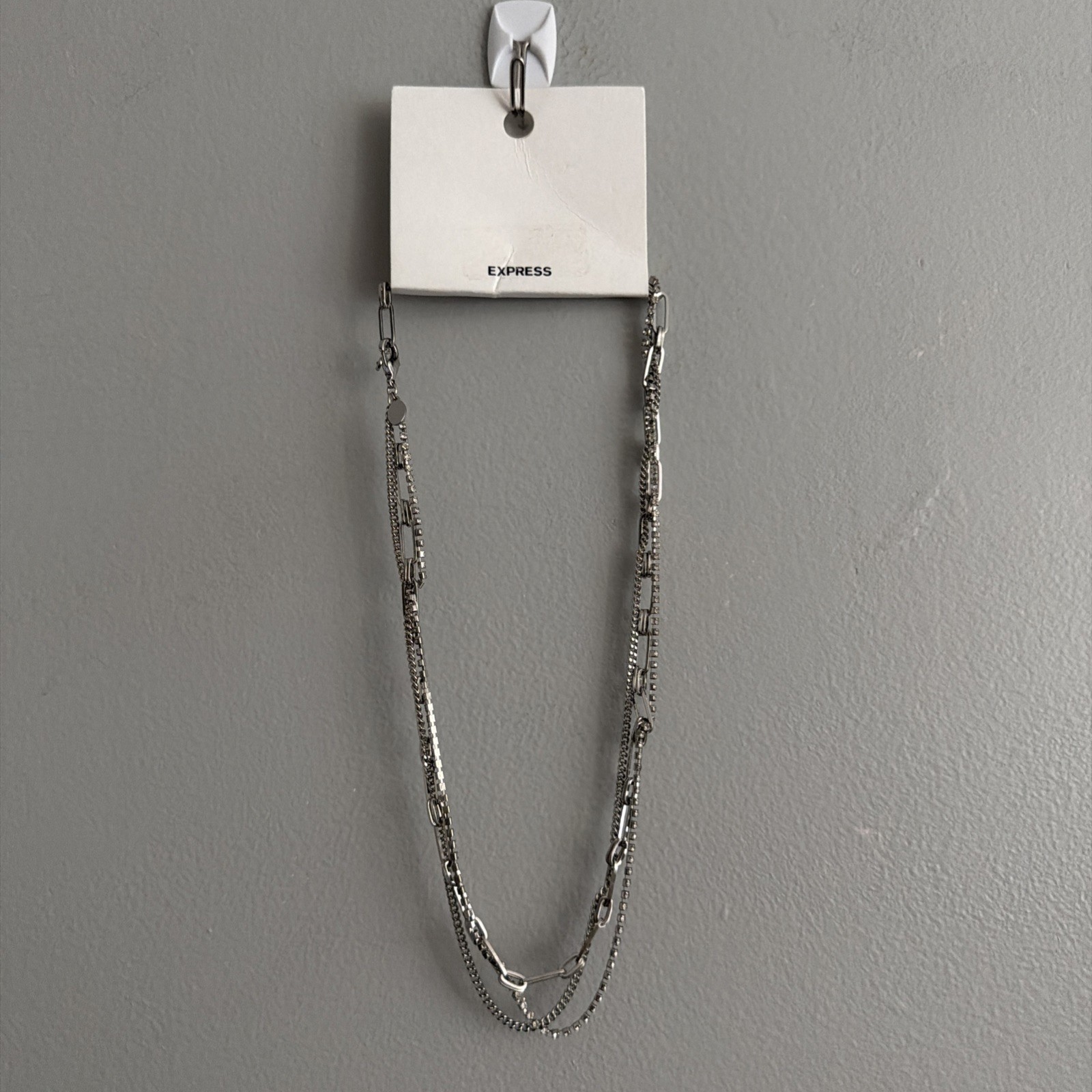 New Express Layered Multi Chain Necklace Paperclip Link Rhinestones Twisted NWT