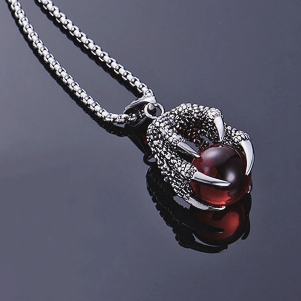 Punk Men’s Retro Dragon Claw Red Glass Bead Fashion Sweater Pendant Necklace