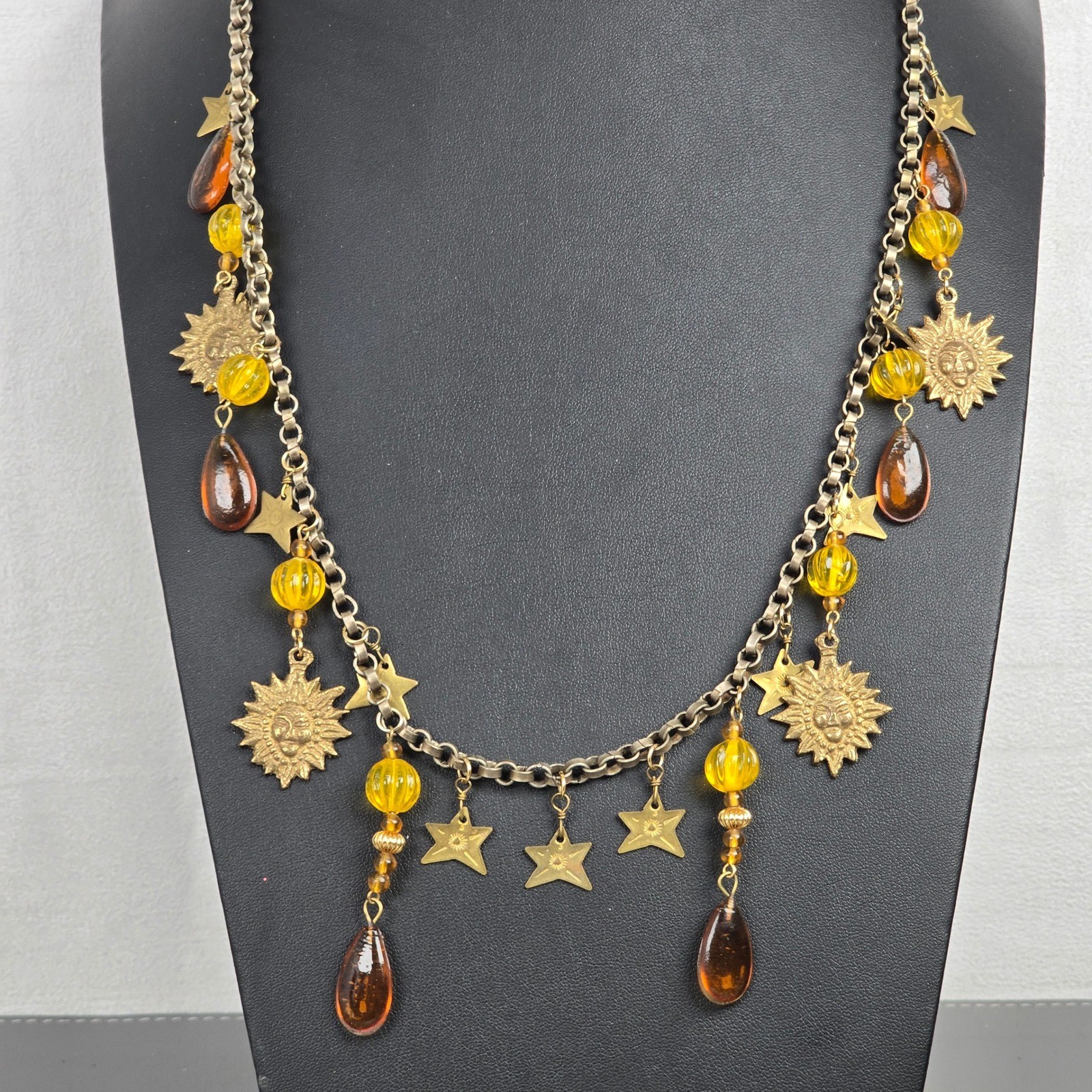 Vintage Celestial Sun Star Charm Necklace Amber Yellow Glass Bead & Brass Chain