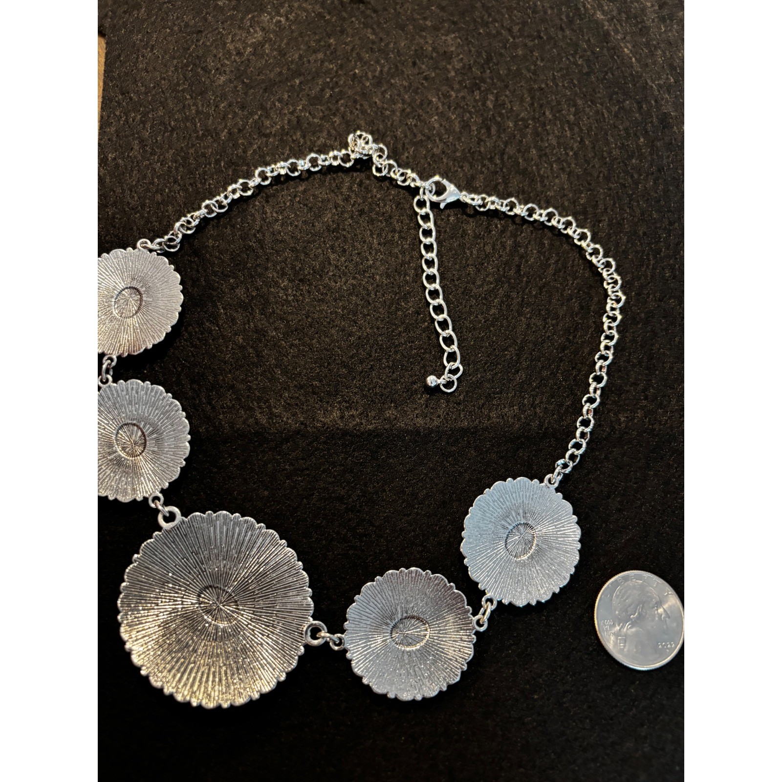 Western Turquoise Floral Medallion Statement Necklace Silver Tone Boho