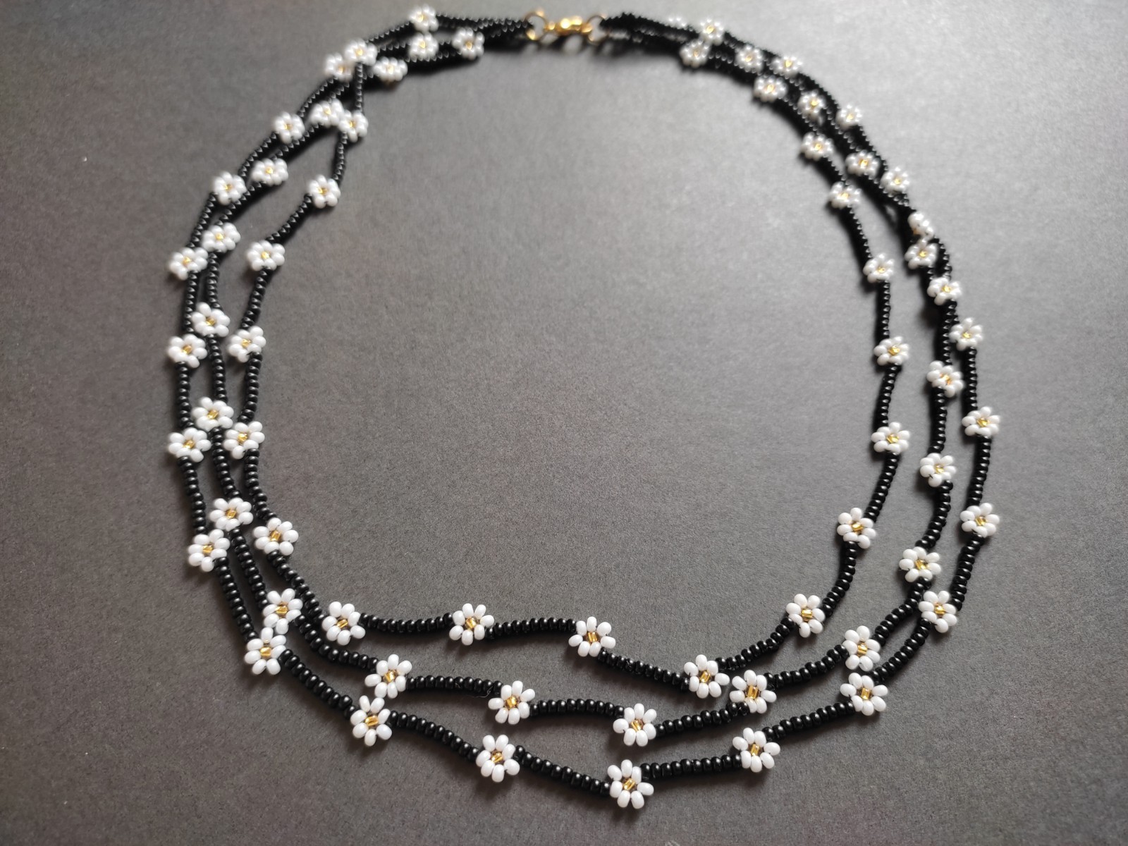 Daisy Black beaded necklace for women 3 strand bead collar layered long collar