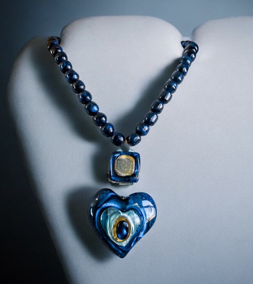 Dominique Denaive Paris Sapphire Blue Heart Natural Resin Necklace