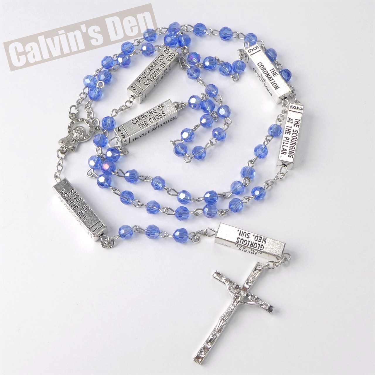 Mysteries of the Rosary Devotional Metal Bead Blue Crystal Necklace Crucifix