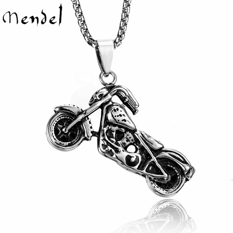 MENDEL Mens Stainless Steel Motorcycle Biker Skull Pendant Necklace Chain Boys