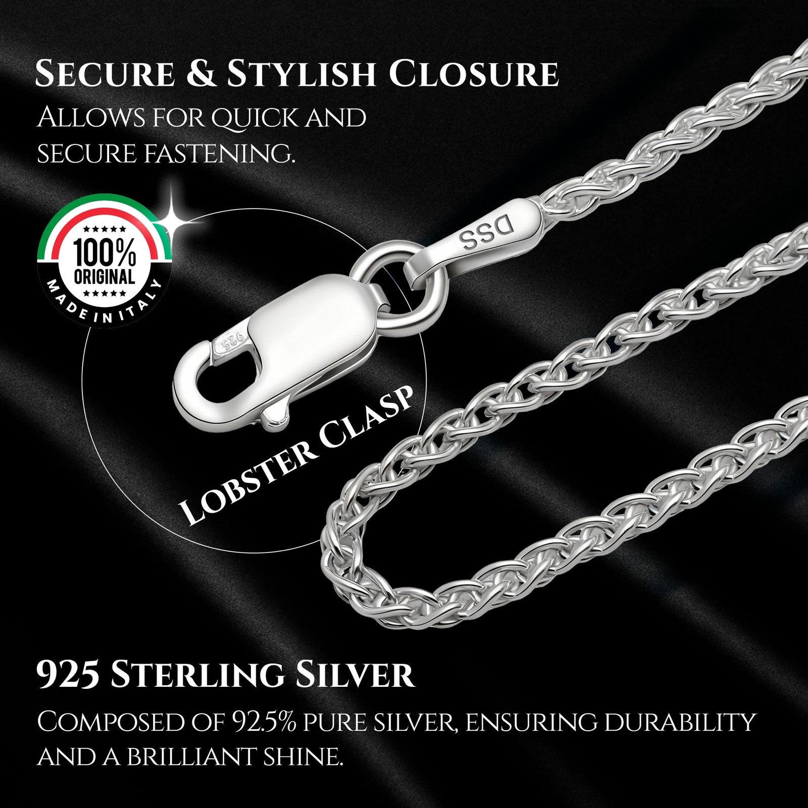 Designer Sterling Silver 925 Sterling Silver 2 Mm Italian Silver Spiga Wheat