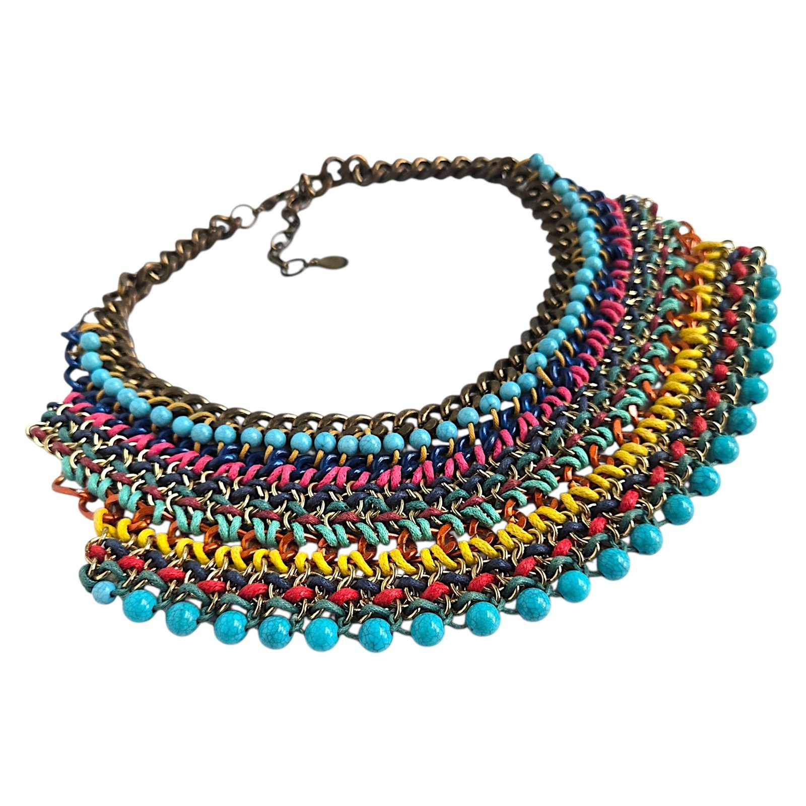 Aldo Multicolor Woven Cord Bib Necklace Mixed Metal Chain Beaded Boho 18″