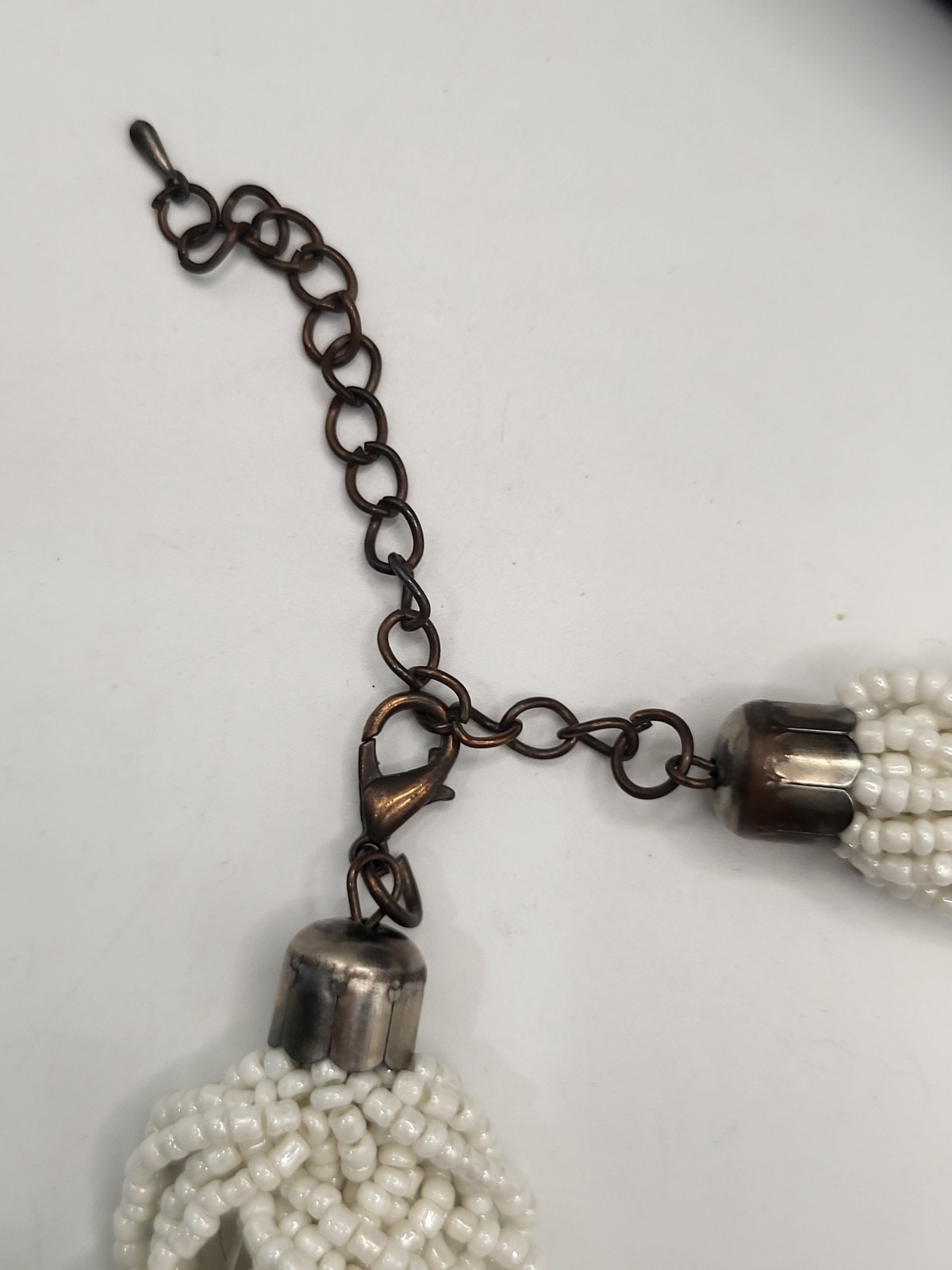 Hand Crafted White Braided Beaded Chunky Necklace Multiple Strands 24″ Adjust