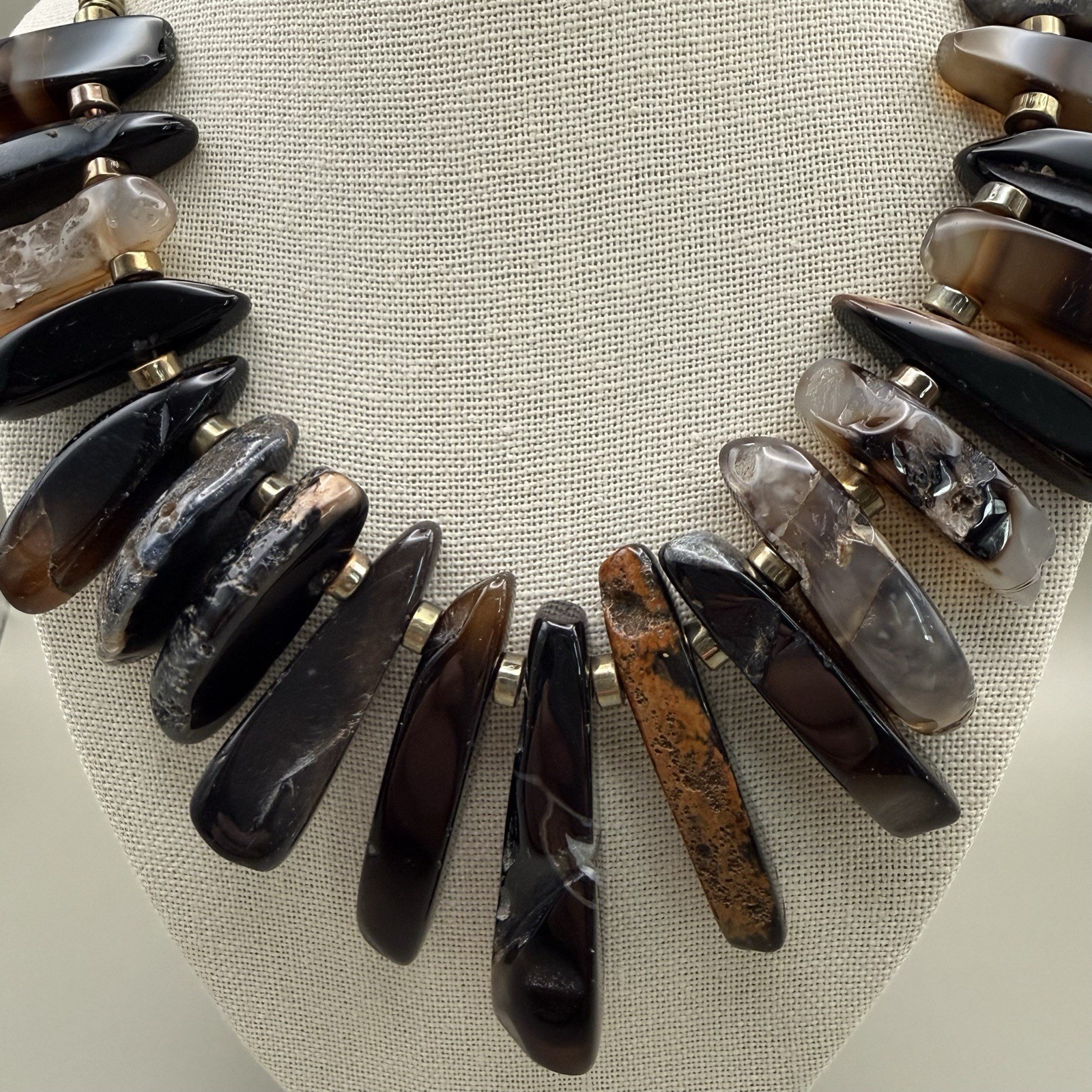 Stone Slice Collar Statement Bib Necklace Brown Black Grey 22″ Artisanal Earthy
