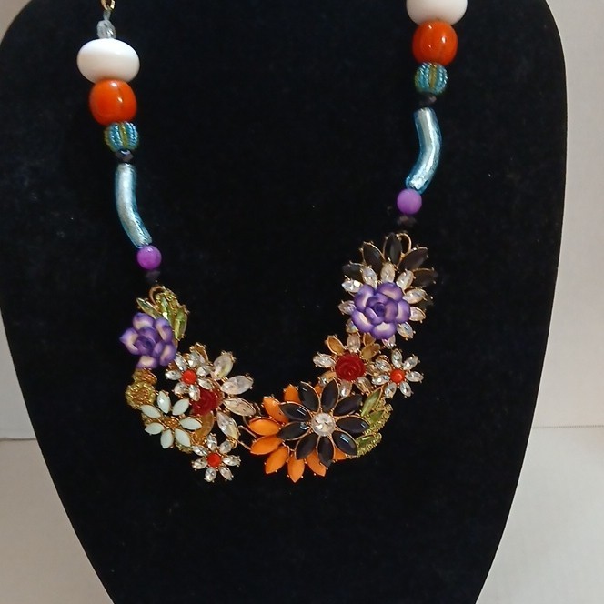 Multicolor Beaded Original Statement Flower Necklace Floral Crystal Accents 1of1