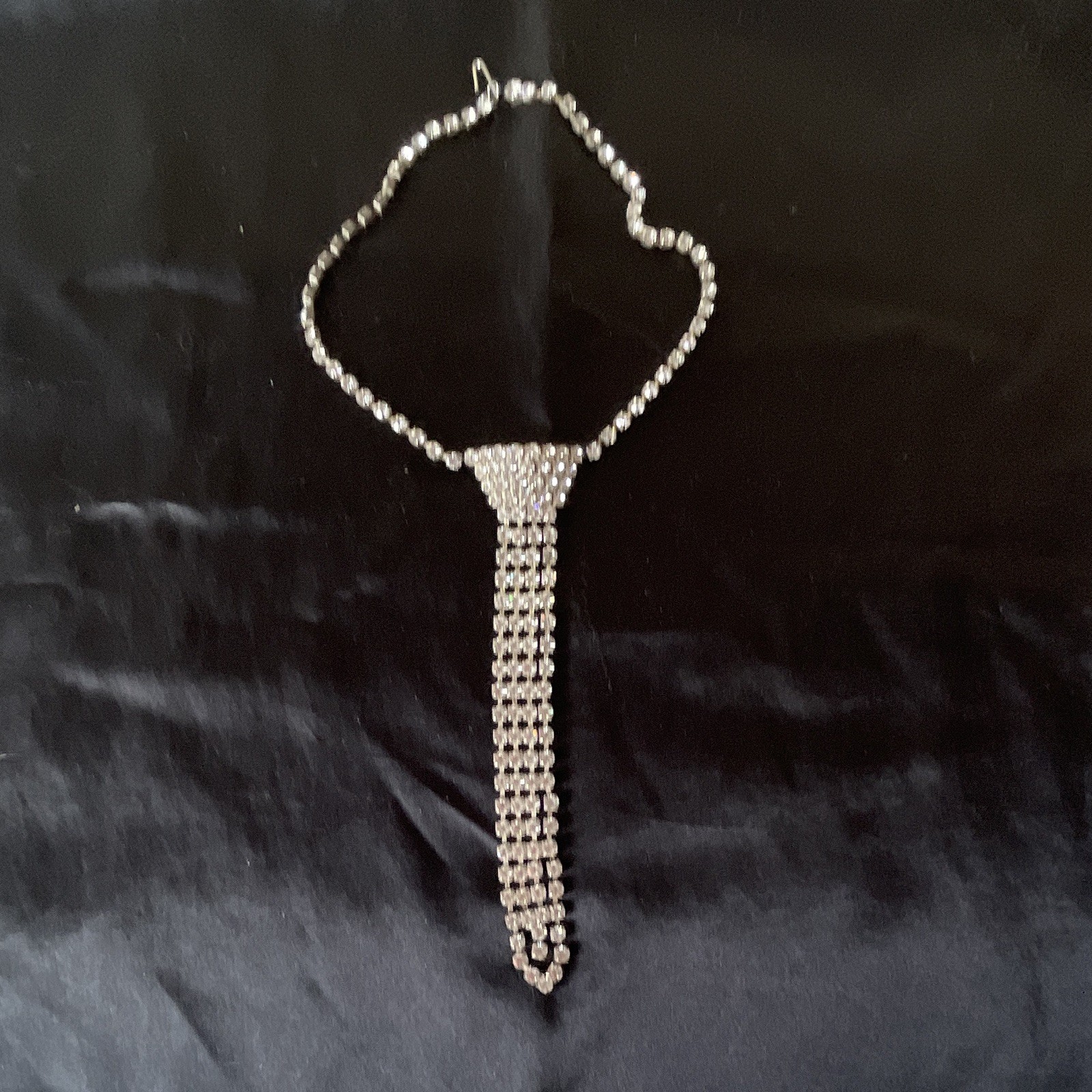 Silver-Tone Clear Crystal Rhinestone Tie Statement Necklace with Hook closure