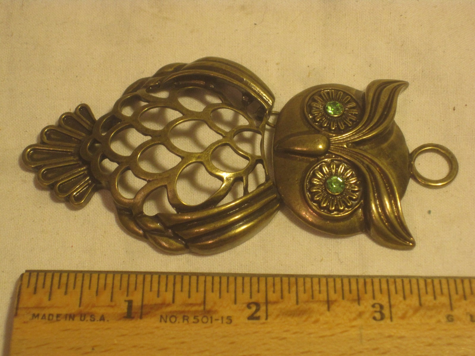 ornate metal owl charm pendant rhinestone eyes? 2 part approx. 3.75″ wise bird