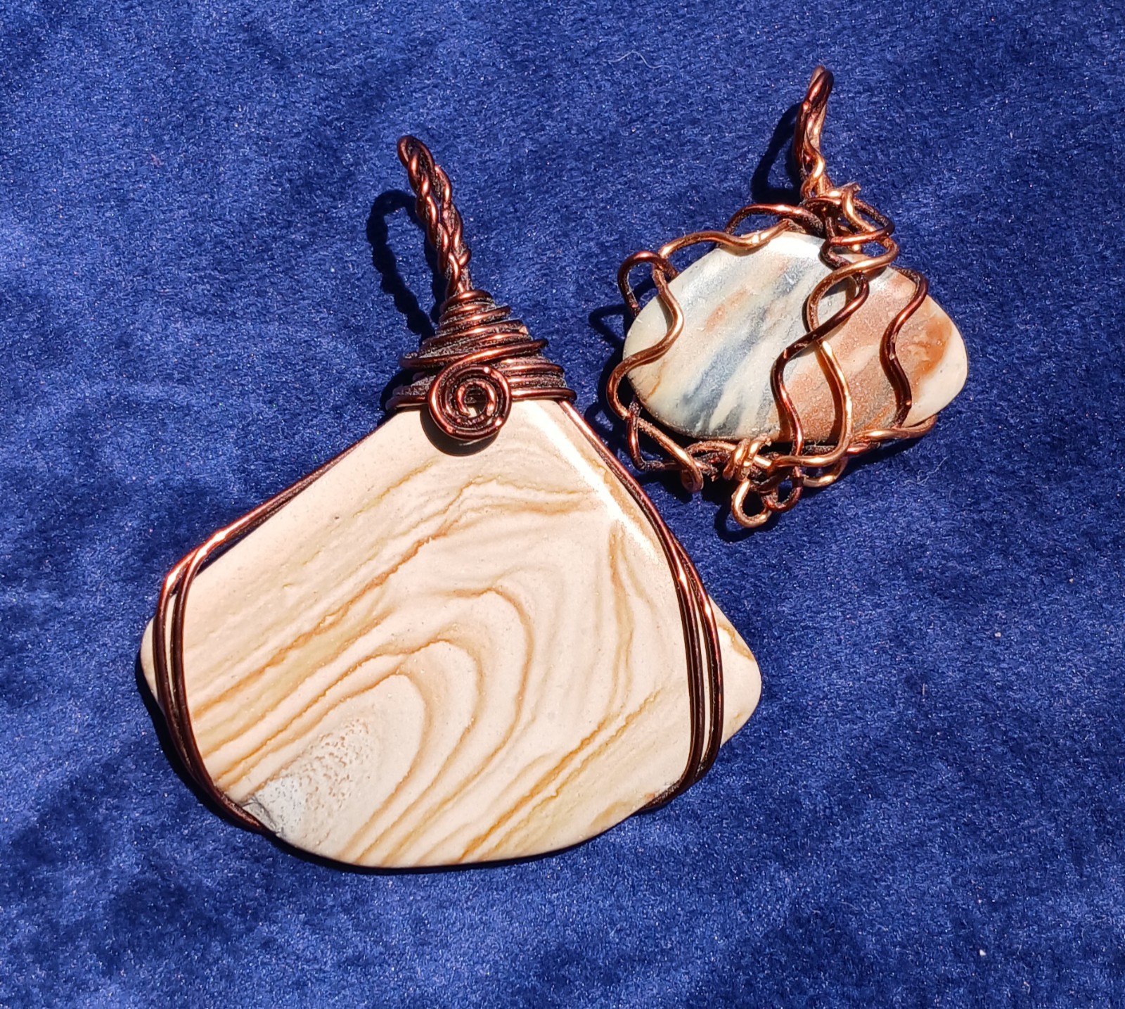 Lot of 2 Picture Jasper Pendants Copper Wire Wrapped Handmade Gemstone Jewelry