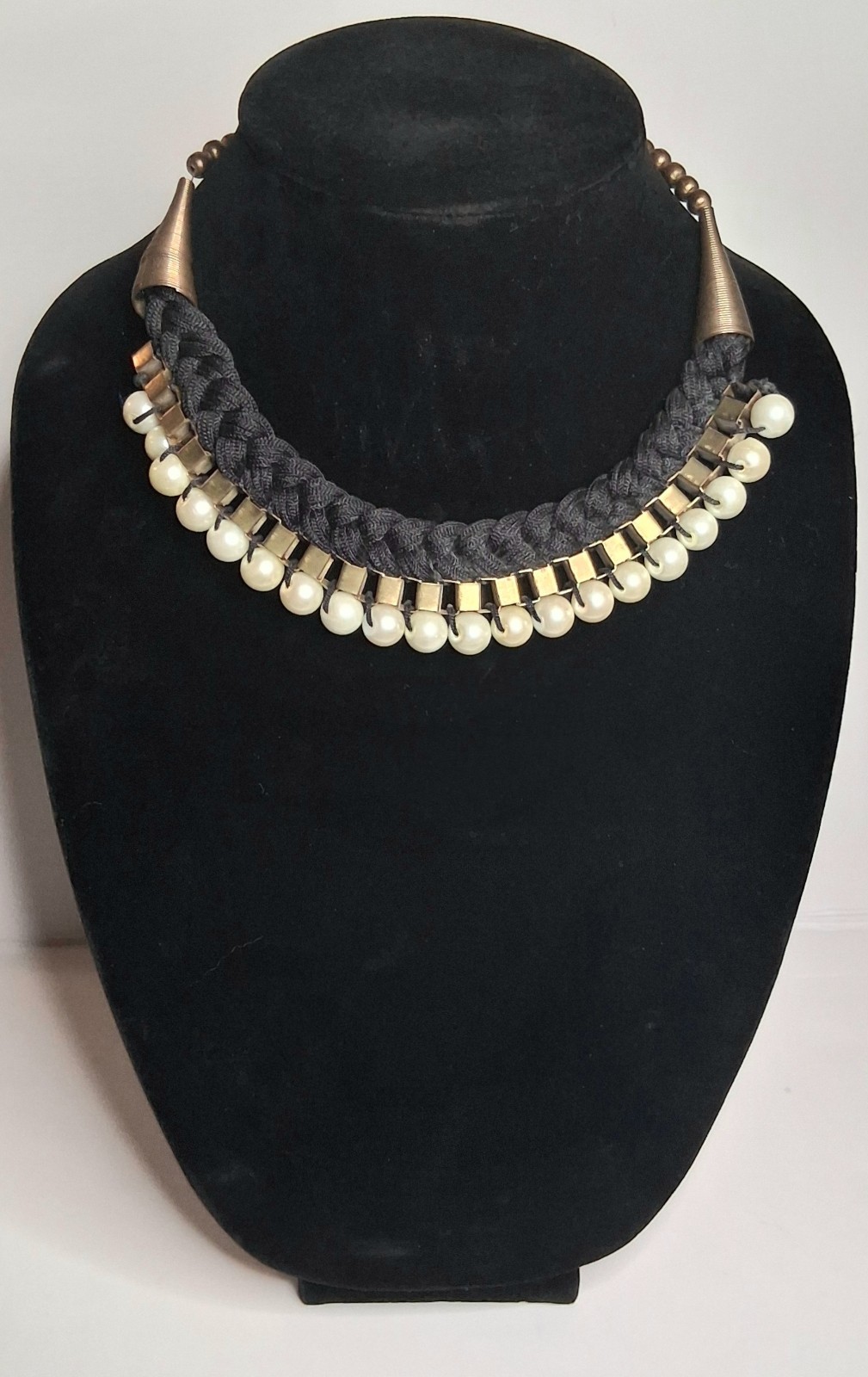 Braided Black Fabric Statement Necklace Faux Pearl choker Gold Tone