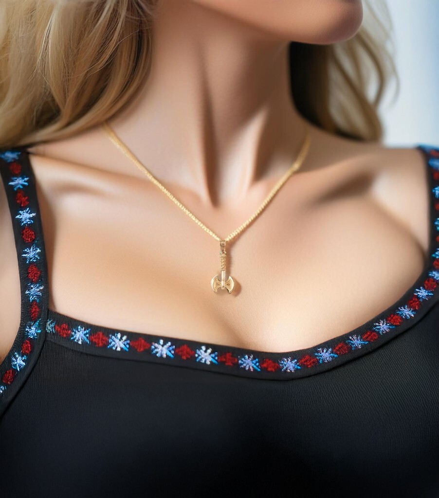 Yellow Gold Viking Tomahawk Axe Pendant Necklace