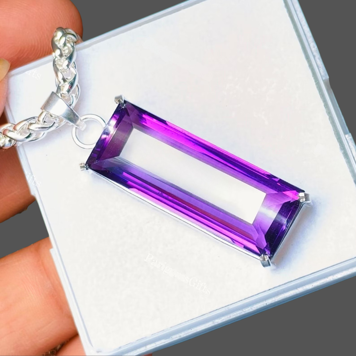 40CtPurple Amethyst long baguette Cut Pendant Necklace Lab Created German Silver