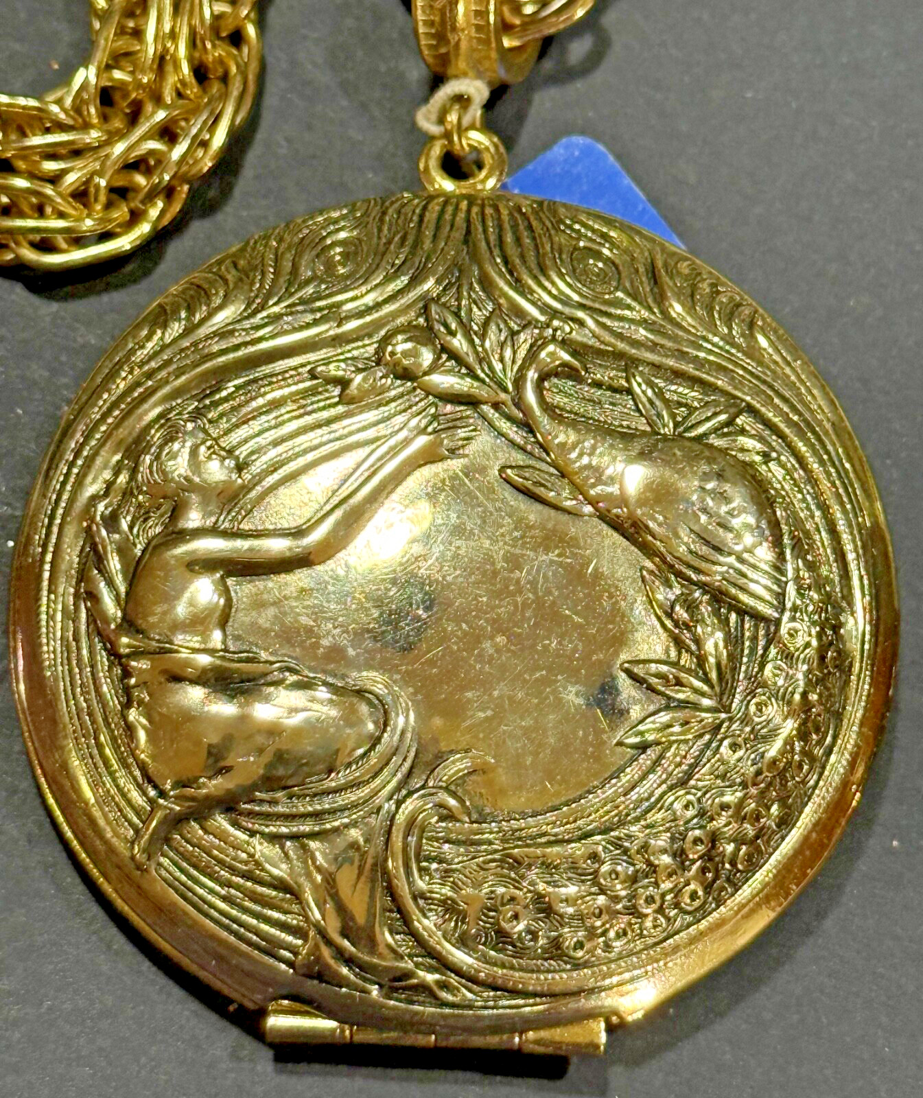 Whiting Davis VINTAGE Gold Tone Lady & Peacock Lg Round Locket Pendant Necklace