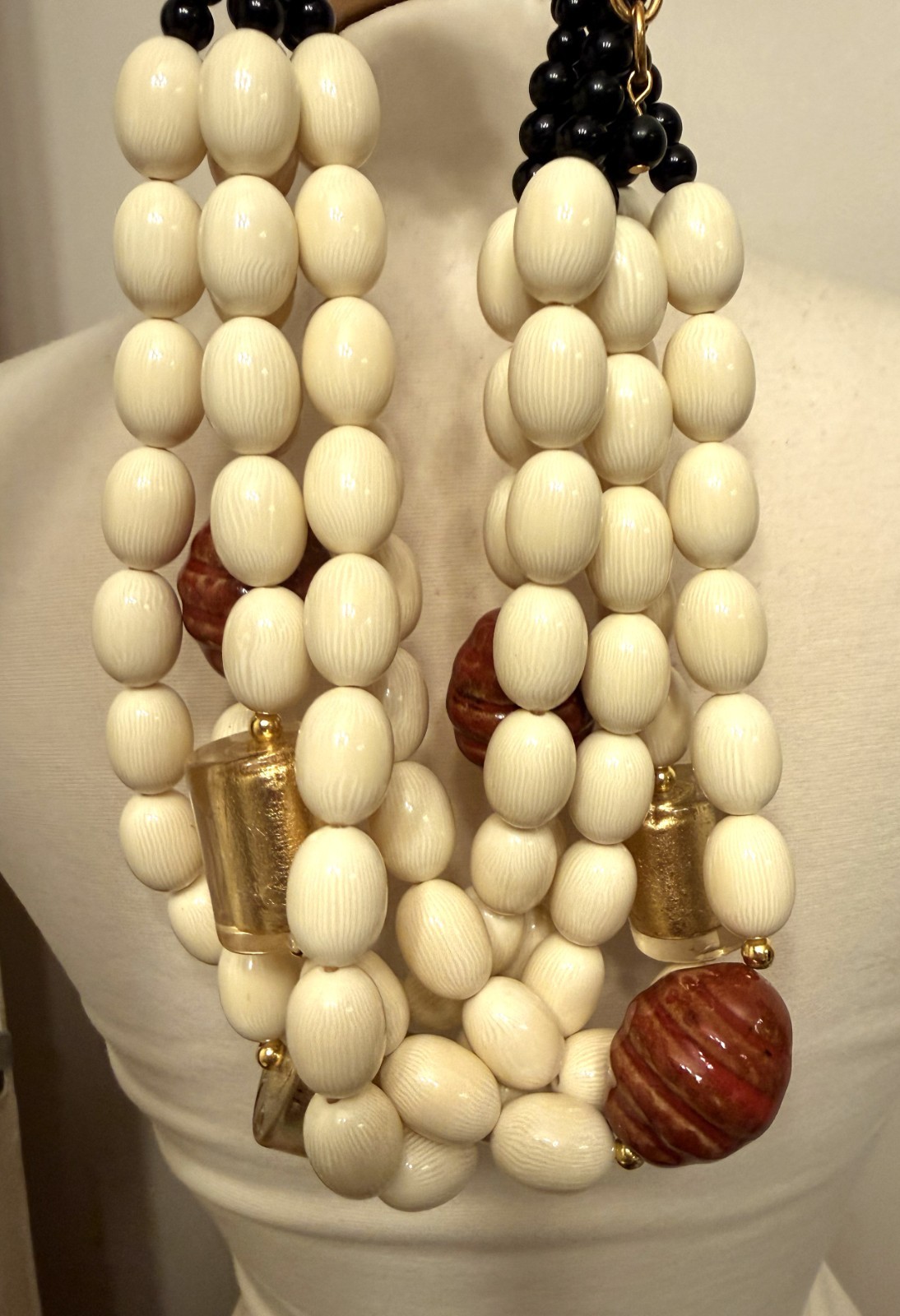Cream Color Resin Beads & Large Gold Foil Acrylic Multi Strand Necklace