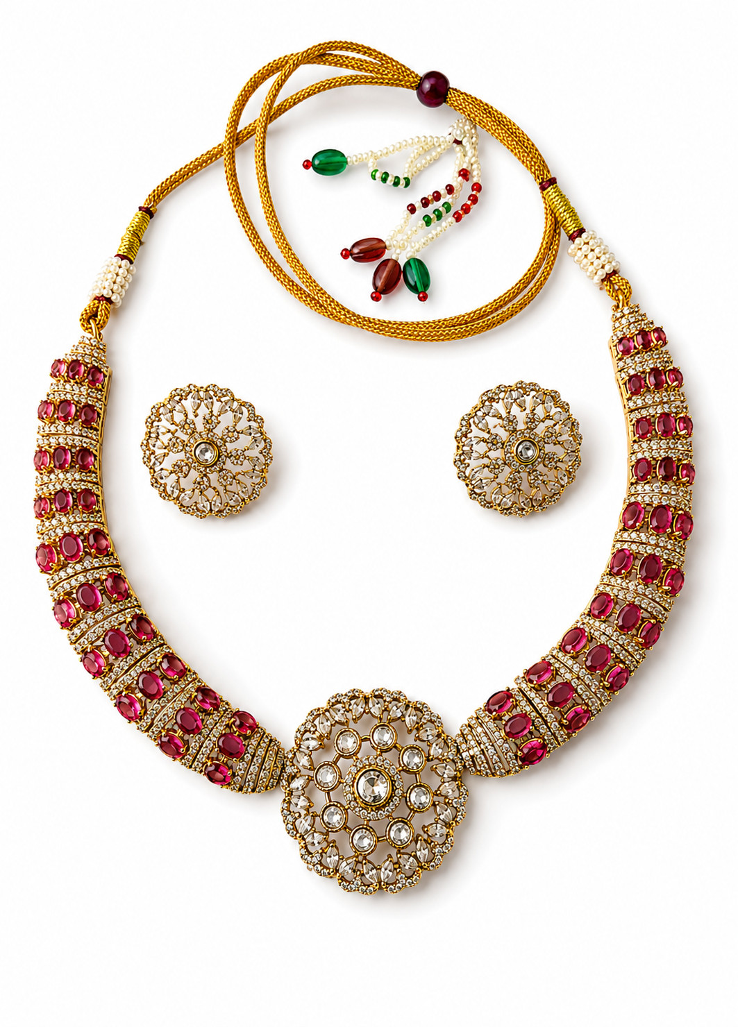 Indian Kundan Necklace Set Green Pendant Earrings Gold Plated Bridal Jewelry 103