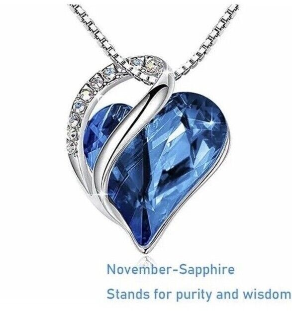 Birthstone Crystal Heart Shape Pendants Stainless Steel Necklace Women Girls