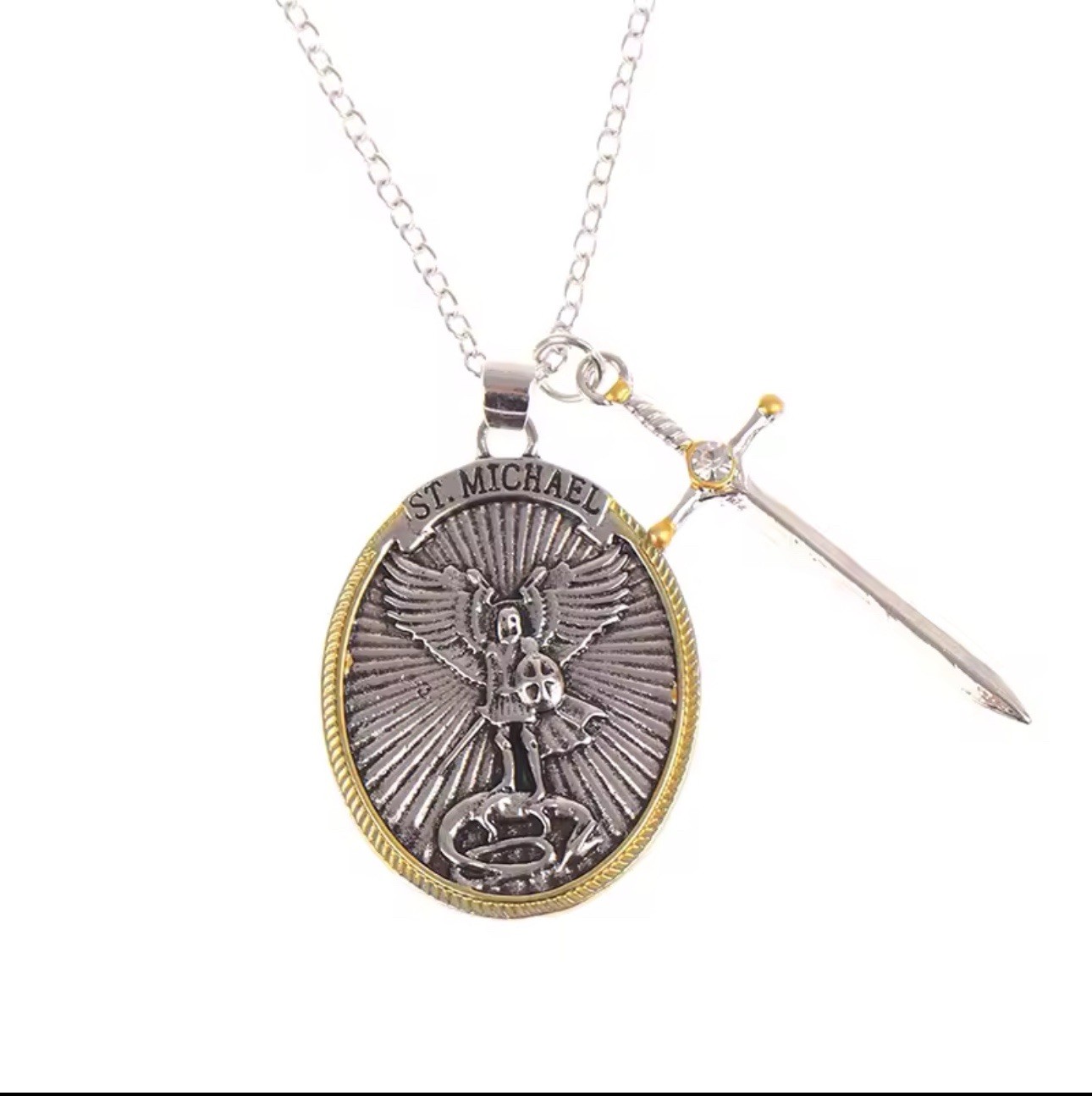 St Michael Archangel Pendant Necklace Stainless Steel Shield Lord’s Prayer 18″