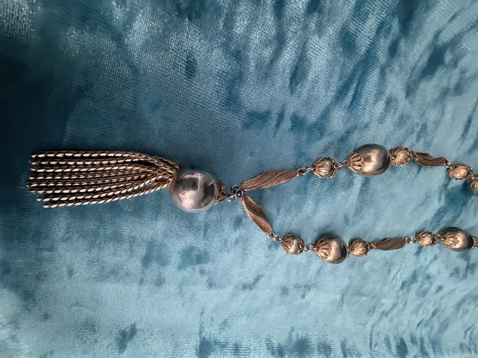 Gold Tone Metal Beaded Necklace Ball/Bead Chain Tassel Pendant