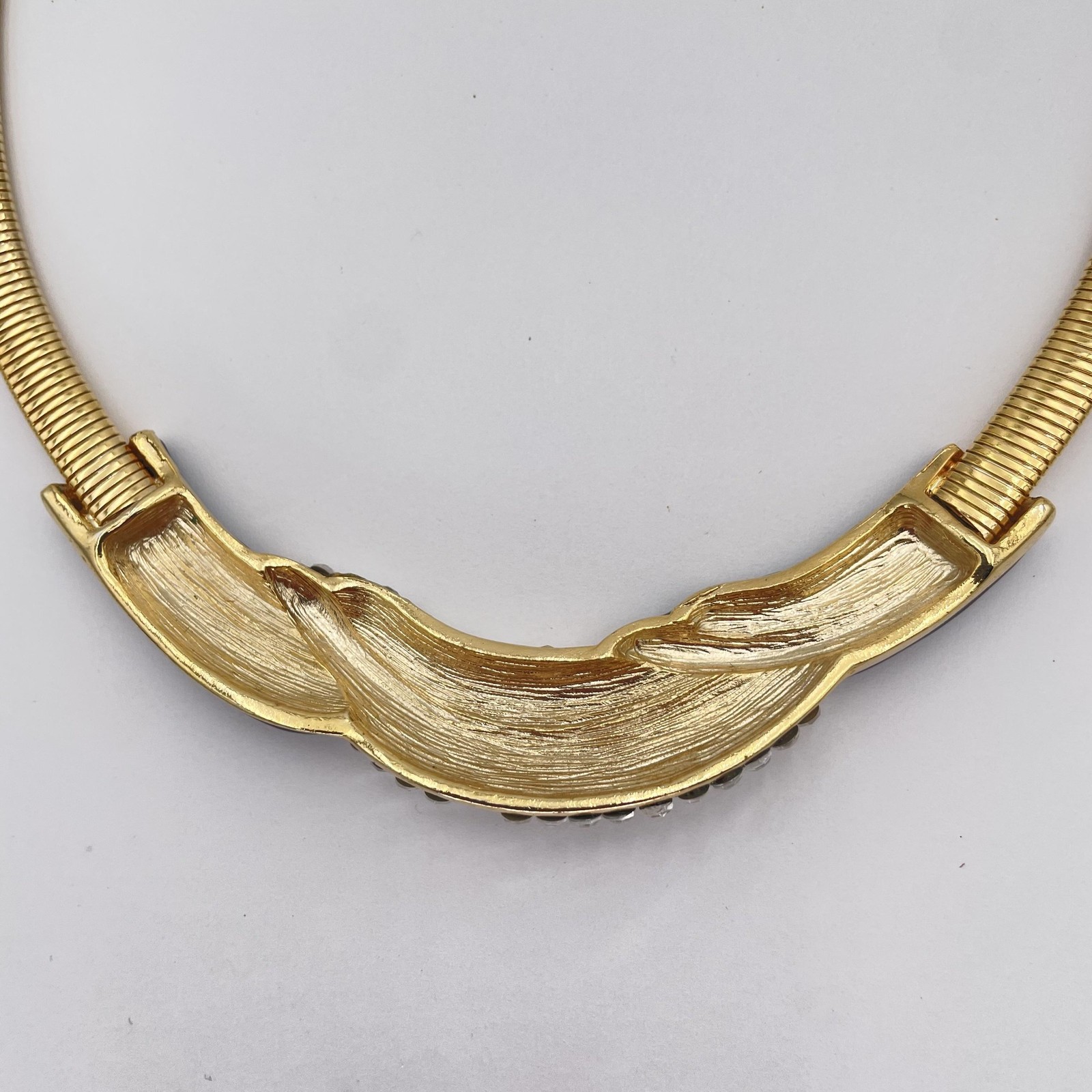 Vintage Gold Tone Rhinestone Collar Necklace Black Enamel Statement Choker 16in